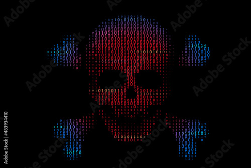 skull with bones in binary code stream on black background.concept of hacker attack, cyber piracy.