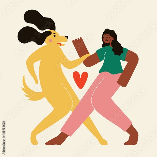 Vector illustration with domestic animal and woman dancing together. Trendy print design, dog lover concept art