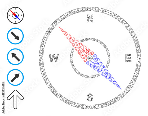 Vector compass mesh icon model. Abstract flat mesh compass, created from flat mesh. Mesh carcass compass icon image in lowpoly style with connected linear items and similar objects.