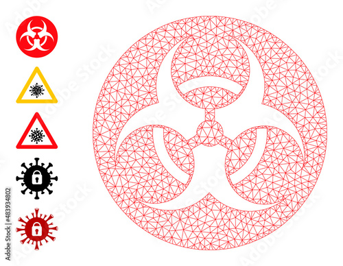 Vector bio-hazard mesh icon structure. Abstract flat mesh bio-hazard, created from flat mesh. Mesh wireframe bio-hazard icon image in lowpoly style with connected lines and similar objects.