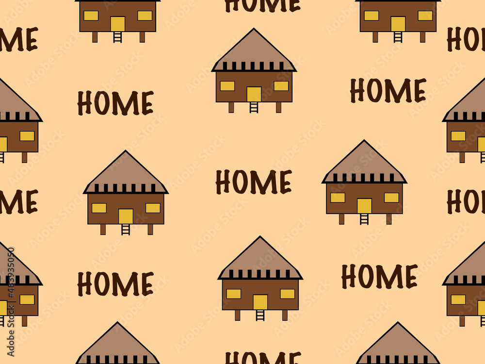 Home cartoon character seamless pattern on orange background.