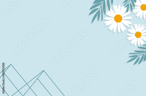 Daisy flower, leaves and abstract line art hill on blue background vector. 