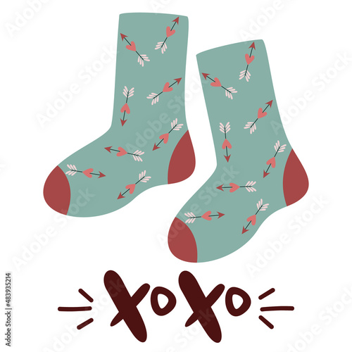 Vector design concept for Valentines Day.Сute pair of festive socks with a heart print. Vector greeting card for February 14