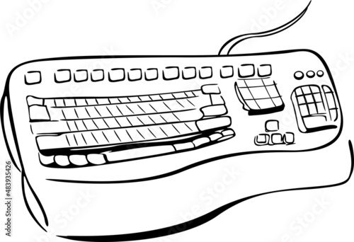 The keyboard has keys and a cable for connecting to a computer
