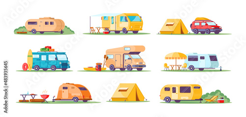 Collection different camping caravan transportation vector flat illustration. Travel car with tent for outdoor summer active leisure isolated. RV camper, motorhome, van, camp trailer, automobile