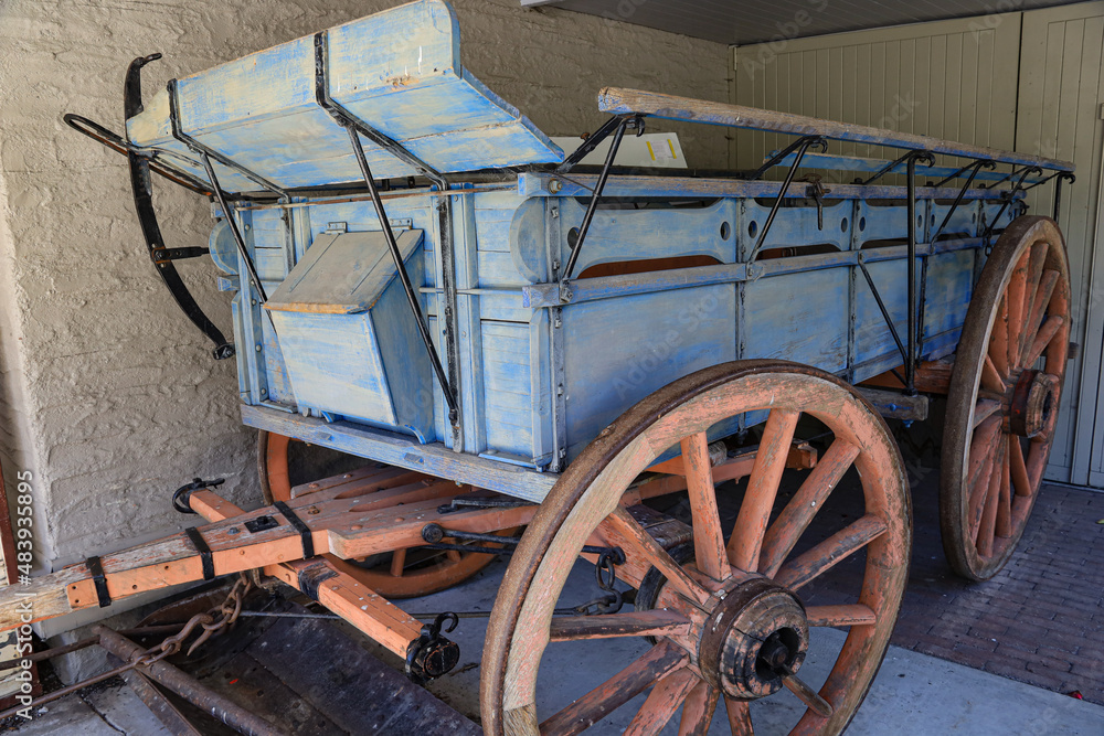 Old wooden gold mining cart in a New Zealand town