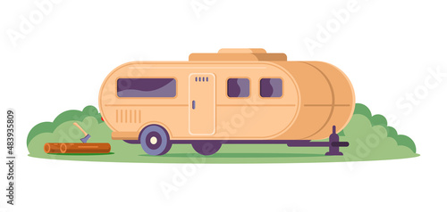Camping trailer parked at green grass bushes near wood log and ax isometric vector flat illustration. Travel adventure halt overnight road trip recreation leisure outdoor activity. Motorhome vacation