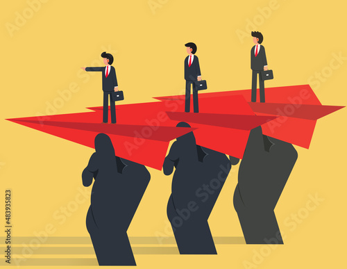 Paper aeroplane ready to take off. huge hand holding paper plane and take off with group of businessman. Flat style vector illustration isolated on yellow background.