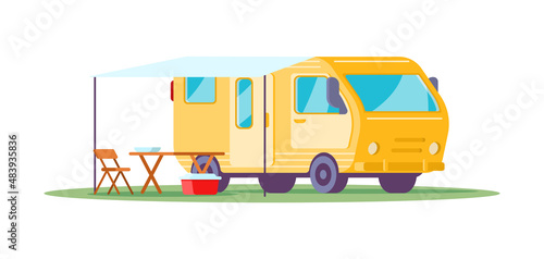 Camping bus caravan halt with tent and furniture for eating road trip recreation isometric vector illustration. Truck automobile transportation family summer journey vacation leisure activity isolated