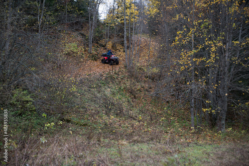 Rescuer Inspecting Woods Area by Atv Quad Bike
