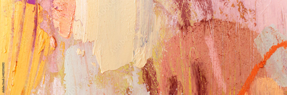 Escapism concept art. Warm abstract brushstrokes for artsy banner design, cosmetic labels, poster, flyer. Real painting texture. Artwork fragment close up. Old-fashioned brushstroke. Artistic element