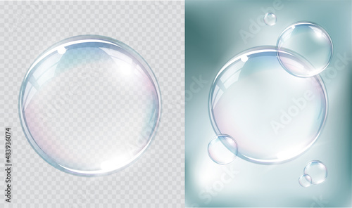 Transparent vector water soap bubble, crystal glass ball isolated on abstract light background