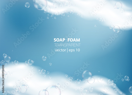 Transparent  vector bath foam with shampoo bubbles isolated on blue background