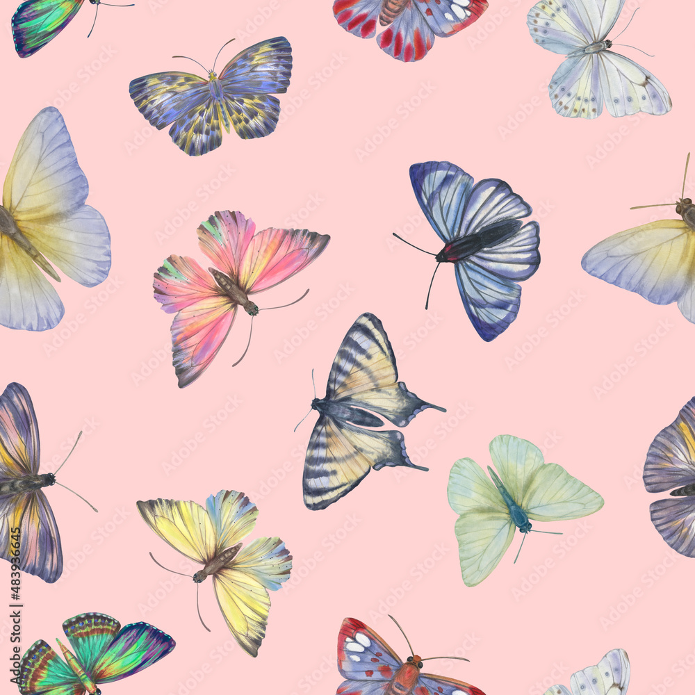 Seamless pattern with butterflies, watercolor illustration. seamless botanical pattern. Template design for, textile, interior, clothing, wallpaper, wrapping paper, packaging, print. Seamless pattern with butterflies, watercolor illustration. seamless botanical pattern. Template design for, textile, interior, clothing, wallpaper, wrapping paper, packaging, print.