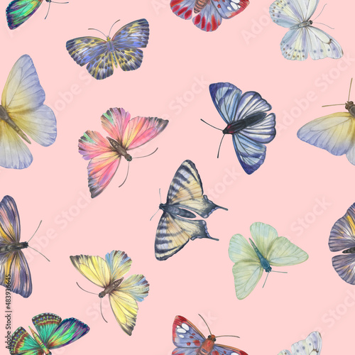 Seamless pattern with butterflies  watercolor illustration. seamless botanical pattern. Template design for  textile  interior  clothing  wallpaper  wrapping paper  packaging  print.