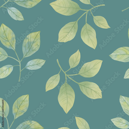 Seamless botanical pattern of green leaves. Watercolor leaves for design  wallpaper  print. Ornament of delicate green leaves.