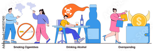 Smoking cigarettes, drinking alcohol, overspending concept with tiny people. Bad habits vector illustration set. Tobacco and nicotine addiction, alcoholism therapy, budget planning, stress metaphor