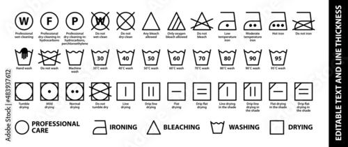 Laundry guide. Care symbols set. Vector icon set. Editable text and line thickness. Washing instruction icon vector set. Outline vector illustration isolated on white background.