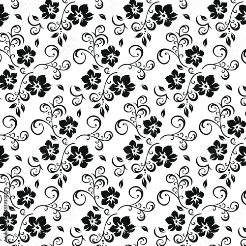 Pattern. Black and white image of colors and leaves. Seal on fabric. Background for design.