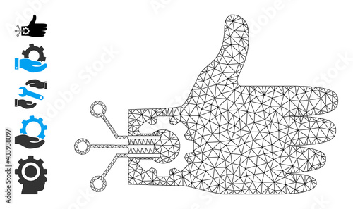 Vector mechanical hand mesh icon model. Abstract flat mesh mechanical hand, designed with polygonal grid.