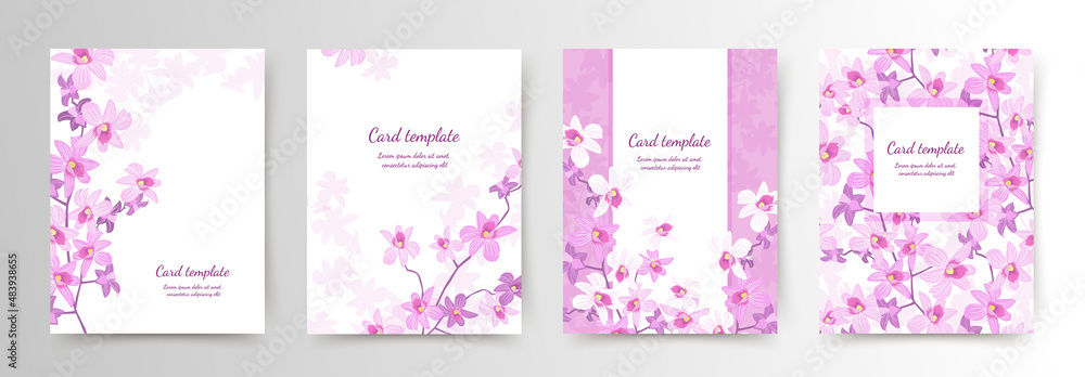 Floral card templates set. Pink orchids on a white background. Vector illustration for banners, greeting cards, posters, covers, cosmetics packaging, wedding invitations, social media template