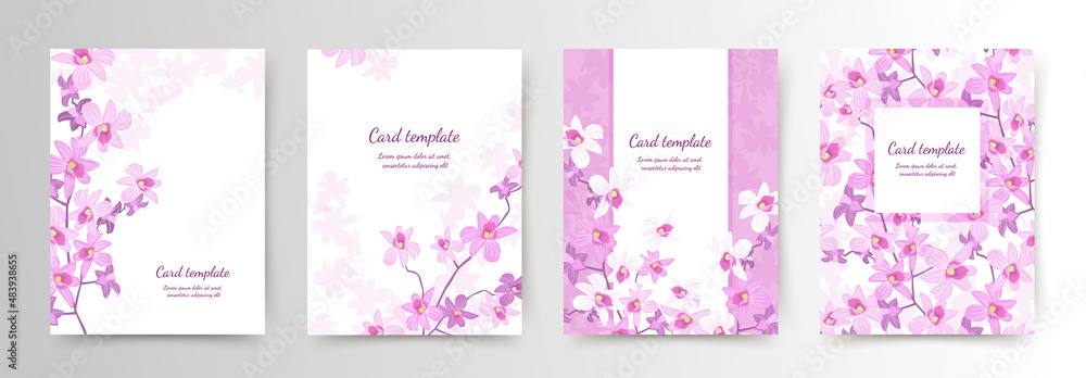 Floral card templates set. Pink orchids on a white background. Vector illustration for banners, greeting cards, posters, covers, cosmetics packaging, wedding invitations, social media template Floral card templates set. Pink orchids on a white background. Vector illustration for banners, greeting cards, posters, covers, cosmetics packaging, wedding invitations, social media template