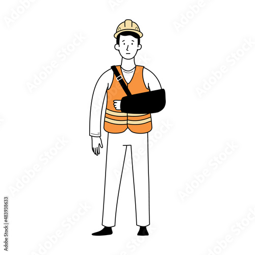 Worker with injury bandage arm. Fall accident on work. Doodle line style character. Vector illustration.