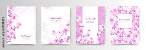 Floral card templates set. Pink orchids on a white background. Vector illustration for banners, greeting cards, posters, covers, cosmetics packaging, wedding invitations, social media template