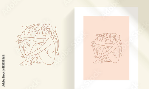 Beautiful bohemian female with floral decor and butterfly line art style vector illustration