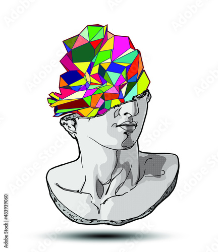 Vector hand drawn illustration of classical sculpture fragment of colossal head with a colorful geometric polygonal shape coming out of the broken side. Isolated on white background. 