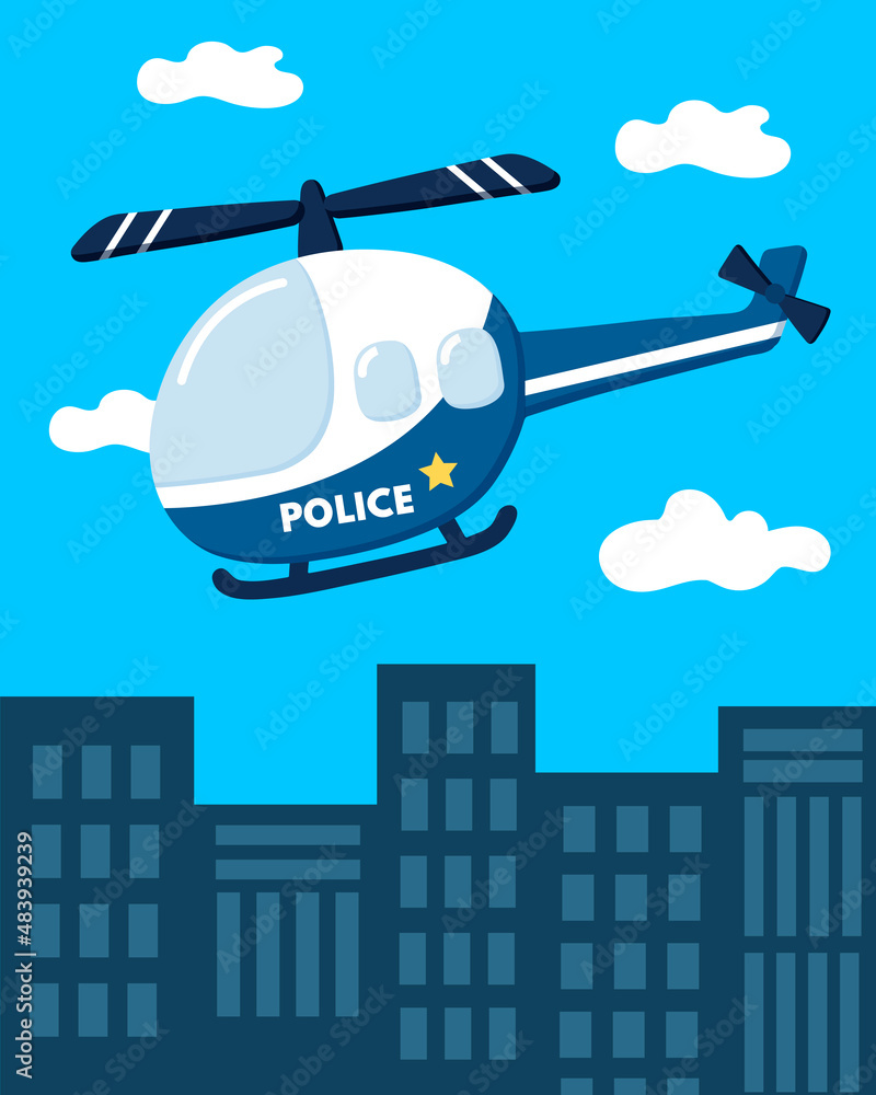 Police Helicopter flies over the city. Vector.