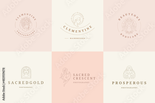 Feminine logos emblems design templates set with magic female portraits vector illustrations minimal linear style