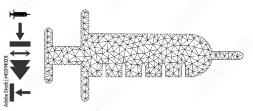 Vector syringe mesh icon model. Abstract flat mesh syringe, designed with flat mesh. Mesh wireframe syringe icon image in low poly style with connected linear items and similar objects.