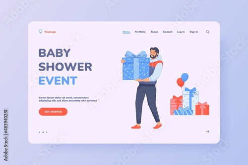 Gift pregnant. Guest men holding box for celebrate young female, present gifts unborn child, baby shower, cartoon landing web page