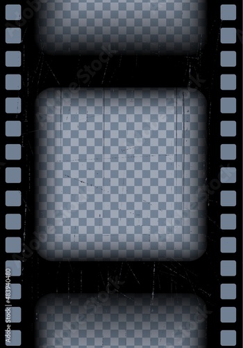 Old black cinematic frame on a transparent background. Scratched vintage video or photo tape. 3d realistic screen in retro style with grunge pattern. Antique slide template. Vector card illustration