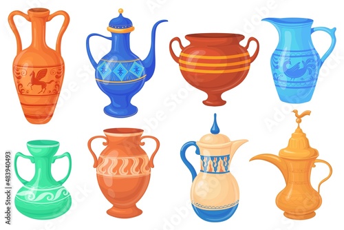 Cartoon antique jug. Ancient pitcher, traditional ornate old pot for wine or water vessel, isolated collection jugs with ornament paintings, clay amphora, neat vector illustration