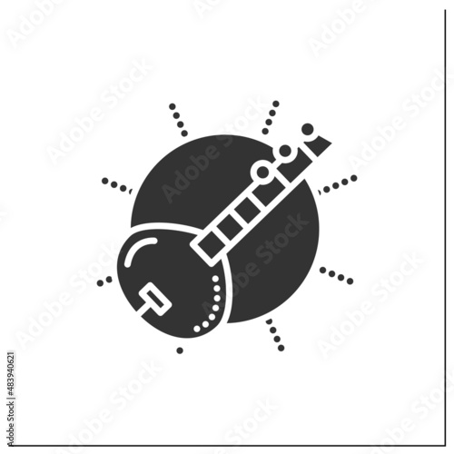  Sitar glyph icon. Indian traditional string musical instrument. Indian classical music. Indian culture, esthetics, traditions and customs.Filled flat sign. Isolated silhouette vector illustration