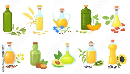 Oil seeds bottles. Oils for cooking vegetables with germ seed fat plant wheat olive sunflower sesame mustard, nuts peanut, farming nutrition fats, cartoon neat vector illustration