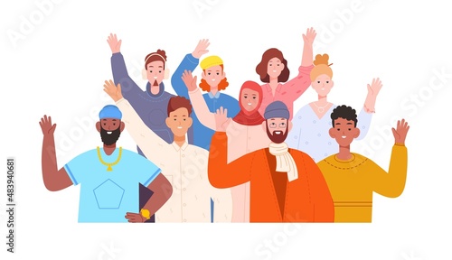 Welcome people crowd. Team happy employee, friends together, union teenager customer community colleague company, diverse group civil invite newcomer, splendid vector illustration