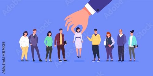 Employer hand chooses. Human select recruit, choosing talent business employee for candid interview, hiring selection people, hr job hunter search match, garish vector illustration