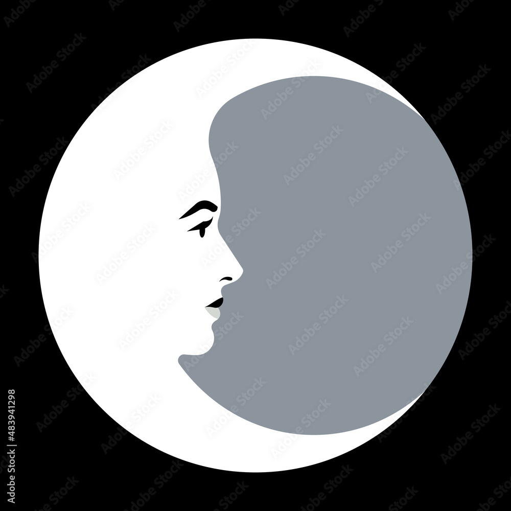 Moon face inside round shape. Abstract moon crescent with a beautiful woman's face. Astrological symbol in art deco style. Contemporary art print. Abstract Female silhouette