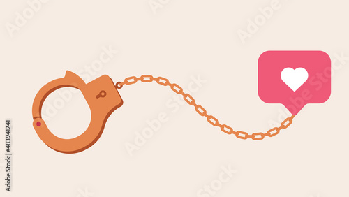 Dependence on social networks - handcuff chained to the symbol of approval in social networks. Vector illustration on a social topic