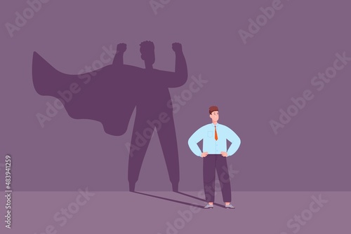 Confident husband. Superhero dad, business success professional growth, concept shadow of super hero , businessman strength , vector illustration