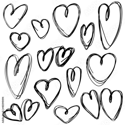 Set of carelessly hand-drawn hearts in doodle style.