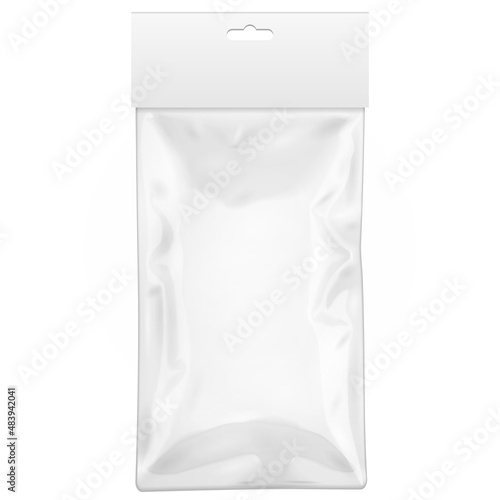 White Blank Foil Food Doy Pack Stand Up Pouch Bag Packaging With Zipper. Illustration Isolated On White Background. Mock Up, Mockup Template Ready For Your Design. Vector EPS10