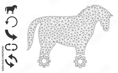 Vector wheeled horse mesh icon model. Abstract flat mesh wheeled horse  designed with triangular grid. Mesh wireframe wheeled horse icon image in lowpoly style with connected lines and other objects.