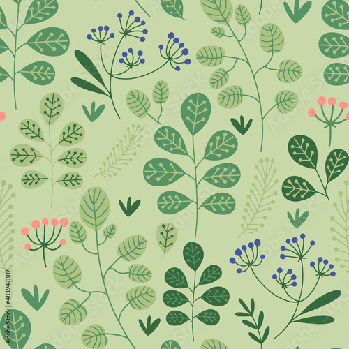 Hand drawn vector seamless pattern  green summer or spring meadow flowers, plants and leaves