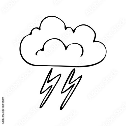 The weather is stormy cloudy with lightning. Vector doodle cloud. Hand drawn meteorological forecast symbols. Cold storm season. Thin line web design icon.