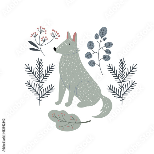 Curious wolf sitting in forest, Scandinavian style isolated hand drawn vector clipart