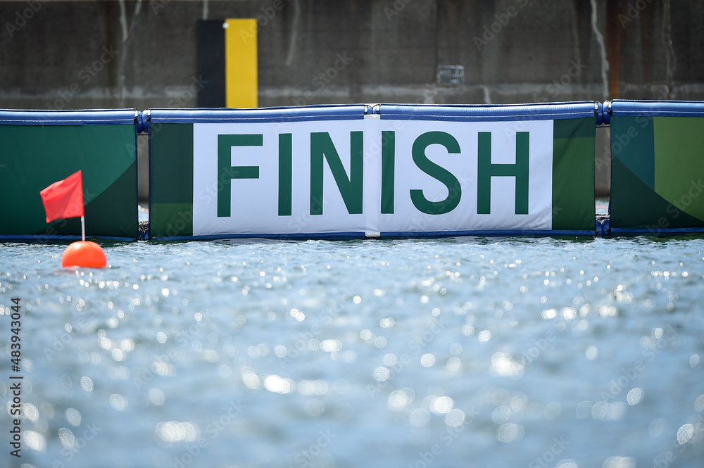 Finish line with lanes at the rowing competition during the Tokyo 2020